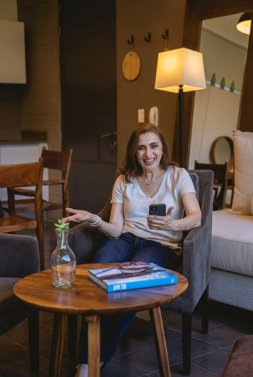 woman looking at smarthopne with satisfaction